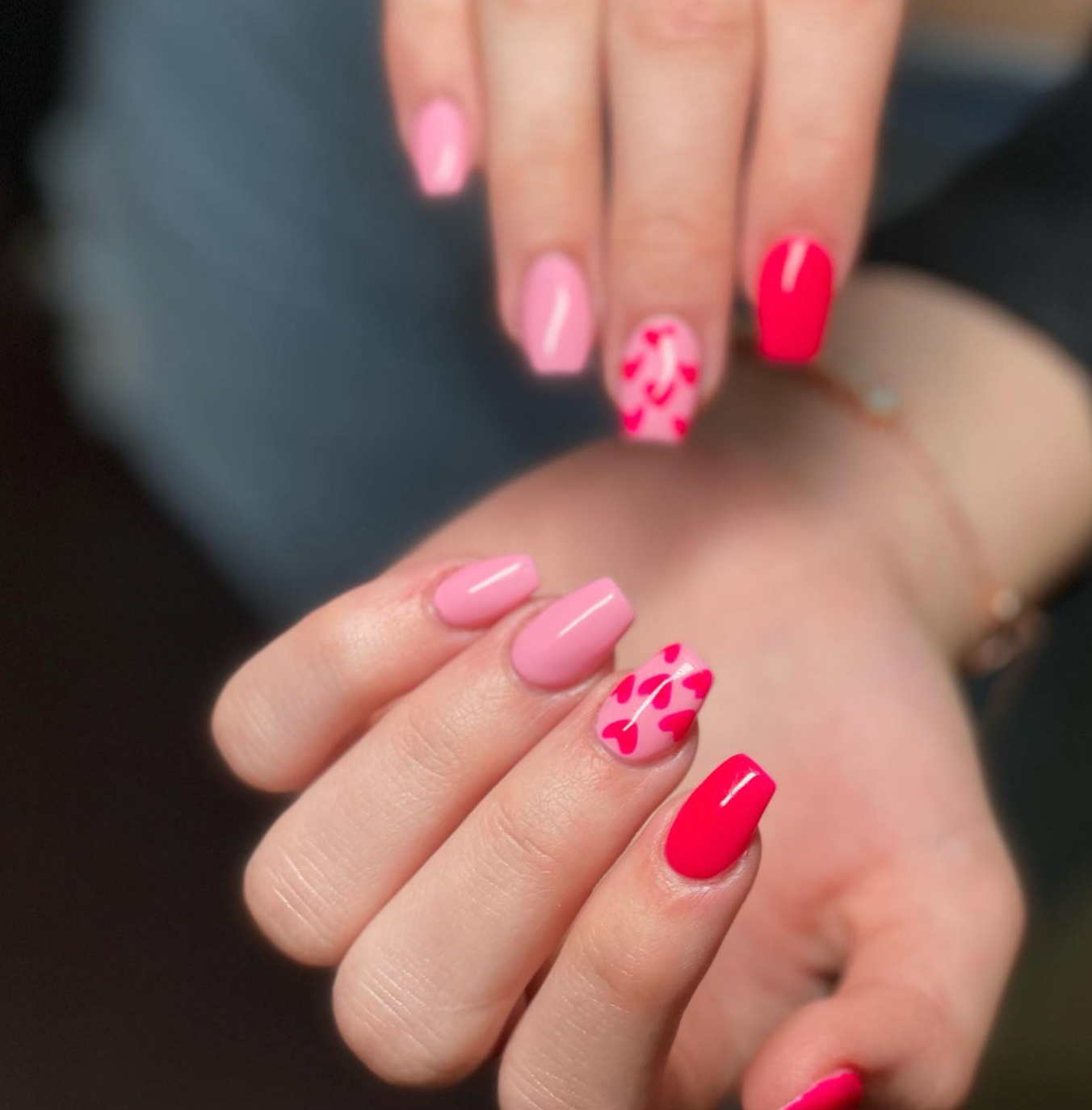 pink nails, hearts, dark pink, square nails