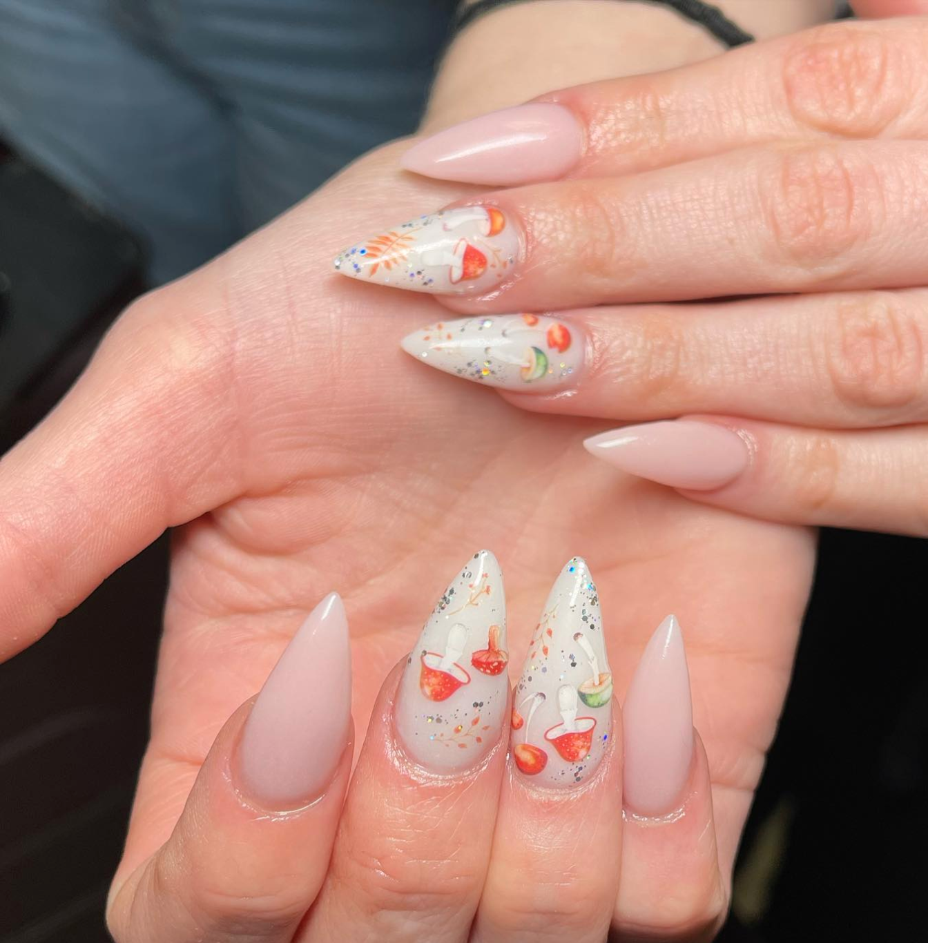 nude nails, mushrooms, nude pink, almond shape nails